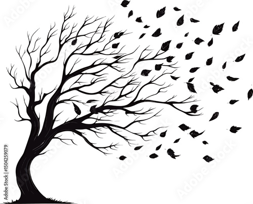 A leafless tree sways in the wind, with leaves scattered in the breeze.