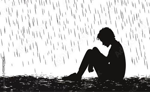 A young person sitting in the rain, conveying feelings of solitude and reflection.