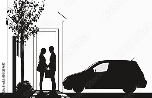 Silhouette of a couple sharing a moment outside a house by a parked car.