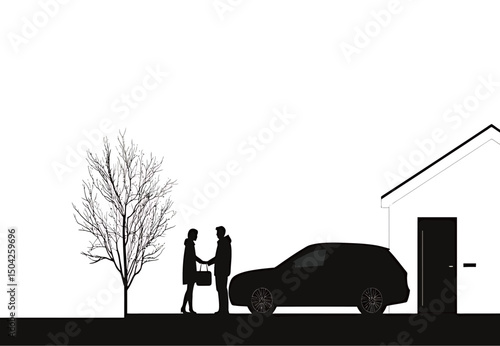 Silhouetted figures exchanging something outside a house, symbolizing connection.