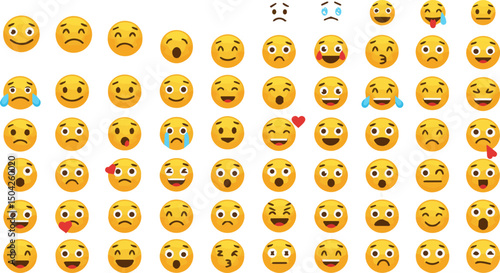 Create a kinds of Set of Emoticon. Emoji big collection. Yellow smiley, sad emotion, cry emotion, cartoon emoticons and more, Vector art with white background.