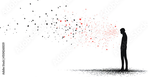 A solitary figure exuding a blend of emotion, surrounded by drifting hearts.