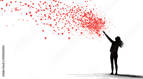 Silhouette of a woman releasing a cascade of red hearts into the air.