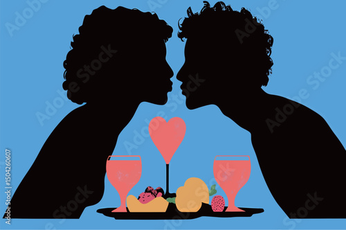 Silhouette of a couple sharing an intimate moment with a romantic dessert setting.