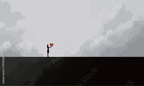 Silhouette of a person holding a red heart in a foggy landscape.