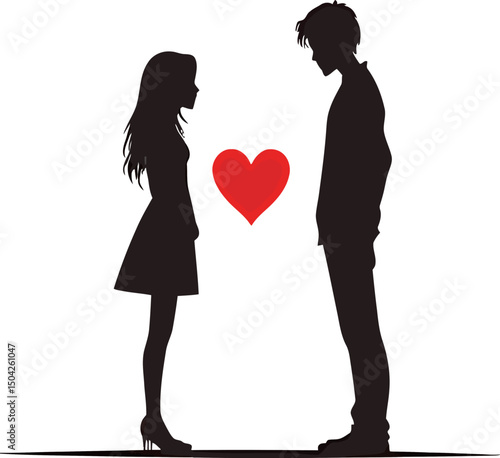 Silhouette of a couple in love with a heart between them.
