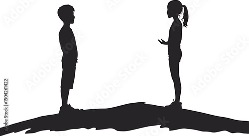 Silhouette of a boy and girl engaged in conversation on a hill.