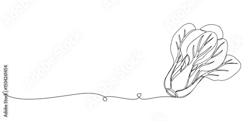Continuous one line drawing of broad leaf pak choi, depicting Asian vegetable and its mild flavor, line art style vector illustration.