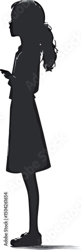 Silhouette of a young girl standing with a phone in hand, exuding curiosity.