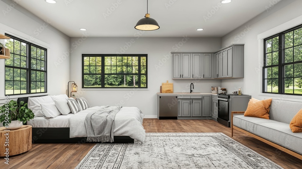 Fototapeta premium Fully furnished studio with open layout, cozy seating, and compact kitchen design