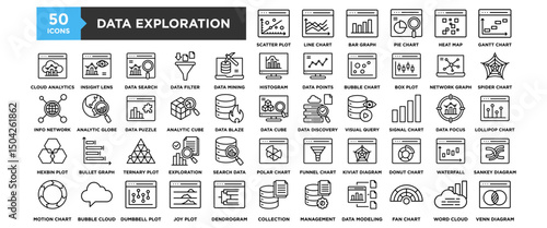 50 Data Exploration icon collection set. Containing design data, technology, digital, business, research, explore	
