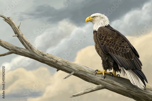 Original textured photograph of a majestic bald eagle sitting on the branch of a tree