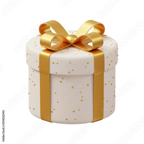 Elegant present rendered in 3D with a sleek white cylindrical box adorned with petite golden spheres and a radiant gold ribbon tied in a bow