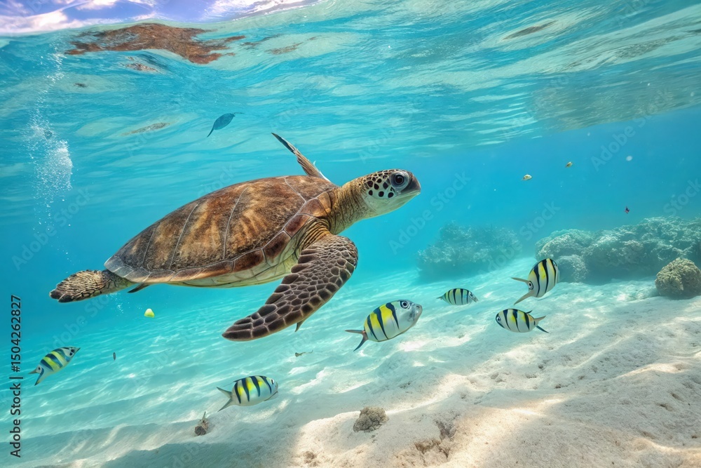 Obraz premium Sea Turtle Swimming Gracefully Among Exotic Fish in Crystal Clear Tropical Waters