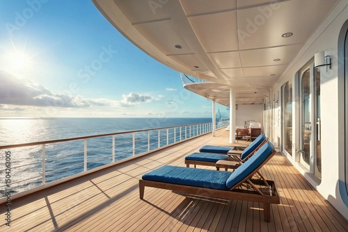 The expansive and pristine deck of a cruise ship, with rows of lounge chairs under a bright blue sky