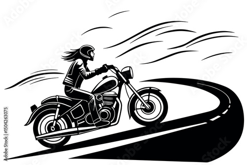Woman rider on classic motorcycle speeding on winding road