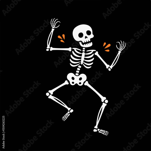Dancing skeleton illustration. Halloween design features funny skeletal figure with raised arms.  Playful skeleton illustration perfect for Halloween party invitations or spooky themed greeting cards