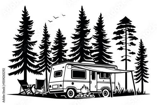 Camping rv in the woods black and white illustration