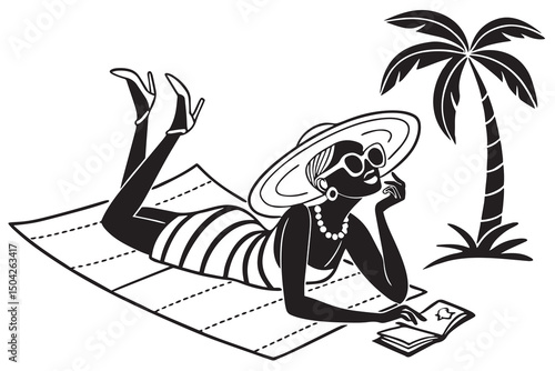 Stylish woman relaxing on beach towel under palm tree