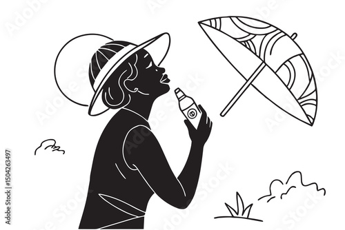 Woman applying sunscreen under beach umbrella summer sun protection