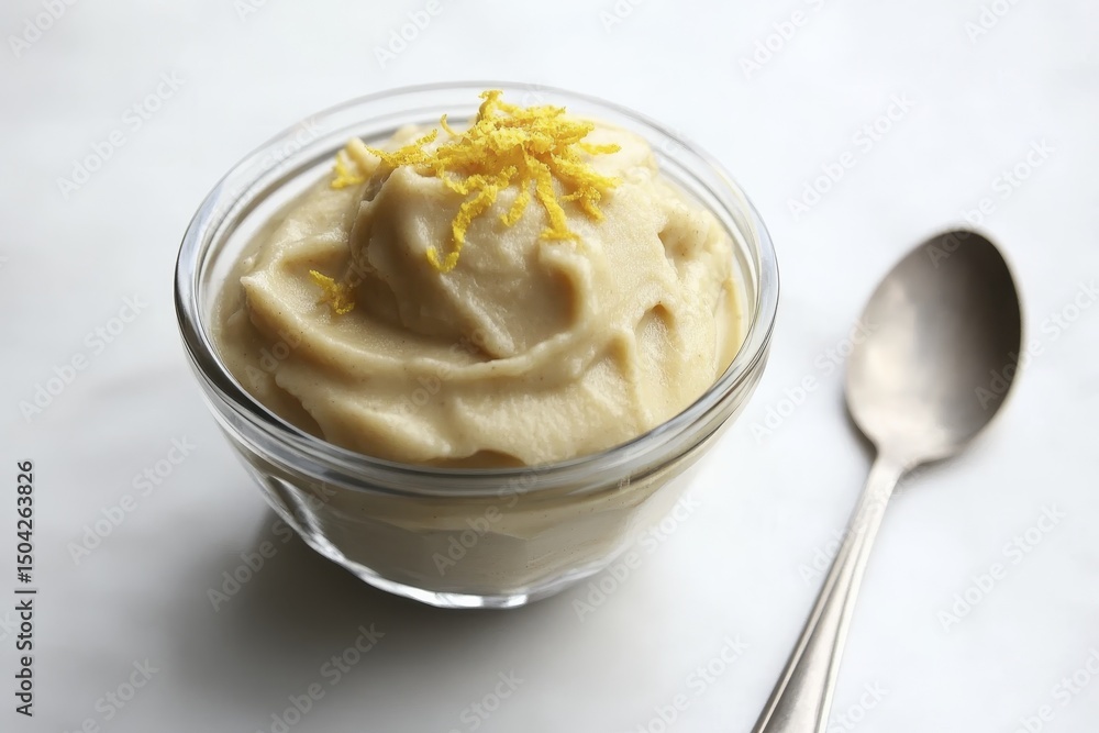 Creamy lemon dessert in glass bowl with silver spoon on white background Creamy lemon dessert in glass bowl with silver spoon on white background