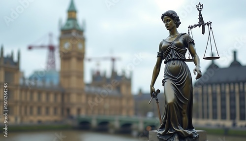 Lady Justice Statue with Scales of Justice and Uk Parliament