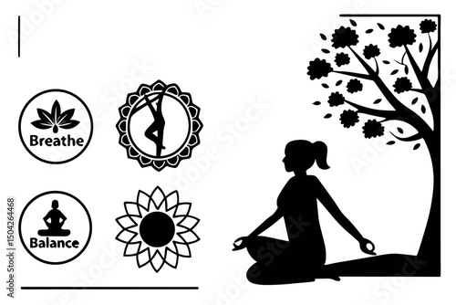 Woman meditating under a tree yoga breath balance mindfulness peace