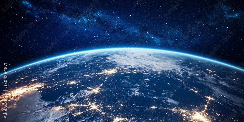 Fototapeta premium Glowing Earth Horizon with Starry Night Sky above Oceans