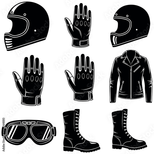 Vintage motorcycle gear set helmets gloves jacket boots goggles