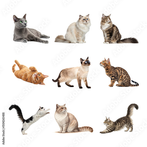 Collection of nine different cat breeds in various poses isolated on transparent background