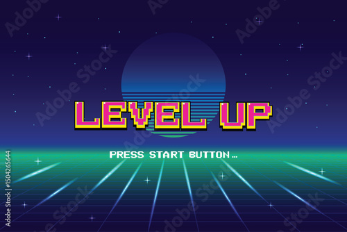 LEVEL UP. pixel art .8-bit game. Retro Futurism Sci-Fi Background. glowing neon grid. and stars from vintage arcade computer games