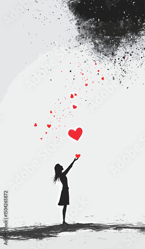 A young girl reaching for red hearts amidst a dark, abstract background.