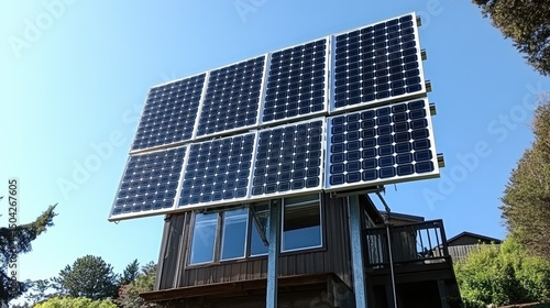 Tilted solar panels on metal mounting brackets facing optimal sun angle