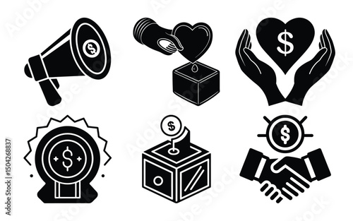 Charity and Donation Icons – Fundraising, Money Support, Financial Help Symbols