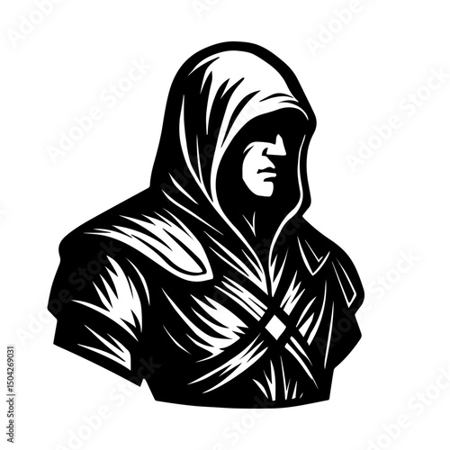 Silhouette of a killer, robber dressed in a hood, and wearing light armor. 2D vector illustration isolated on background.