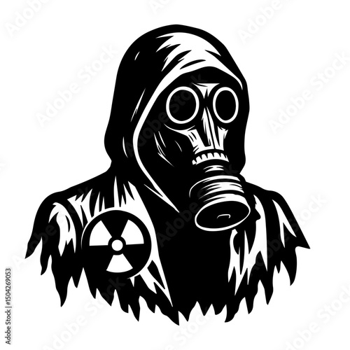 Silhouette of a soldier-stalker in a gas mask in a radiation zone. Vector illustration, isolated on background.