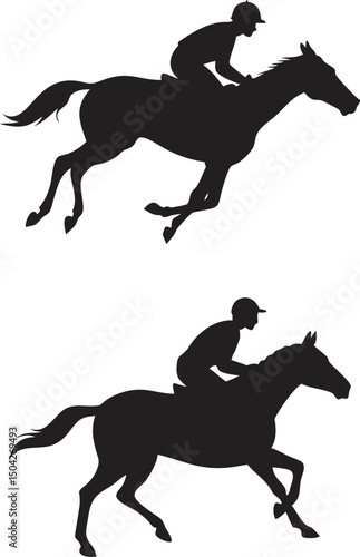 Black vector art shows equestrian sport with horse and rider silhouette in gallop