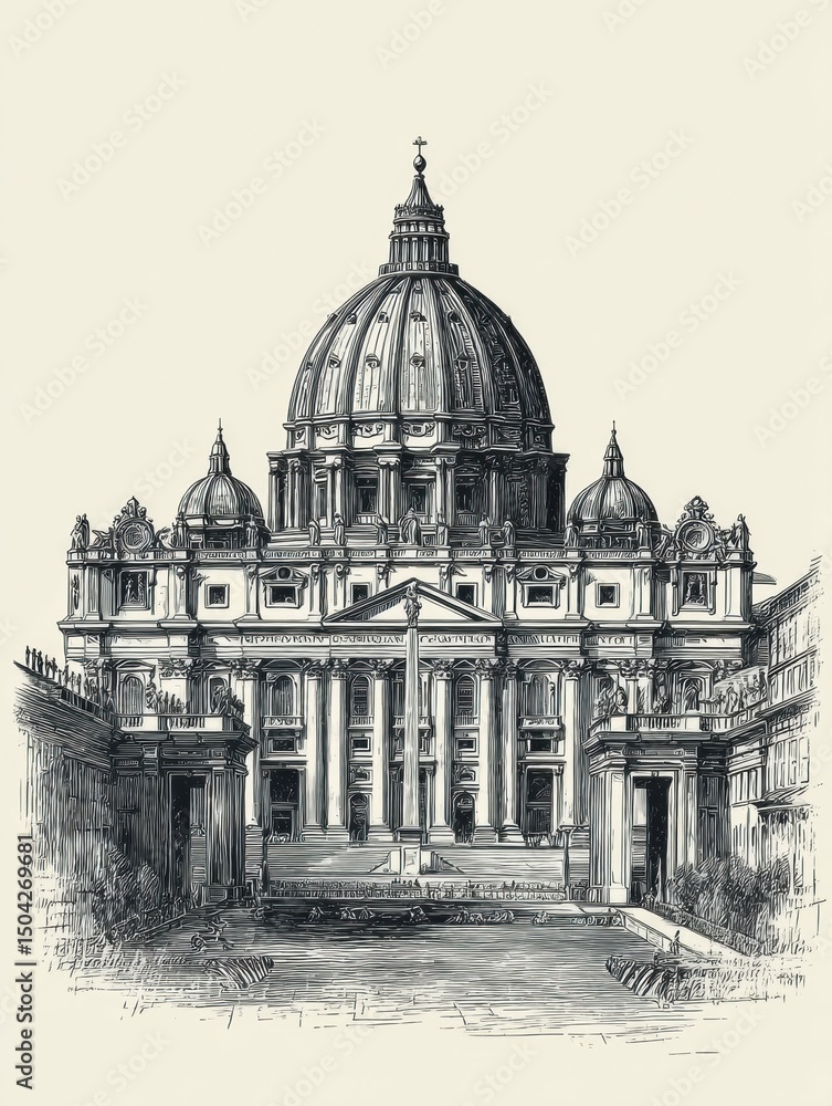 Obraz premium Detailed Vintage Engraving Showcasing Vatican Architecture With a Grand Dome and Illuminated Center