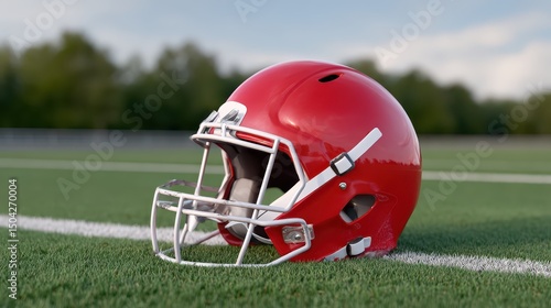 Red Football Helmet on Field: A vibrant red football helmet sits on a lush green field, ready for action, capturing the essence of athleticism and the spirit of competition. 