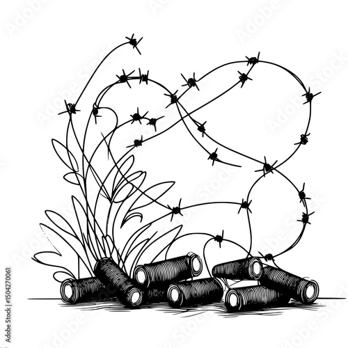 Black and white illustration of thread spools wrapped with barbed wire - Concept of single line outline vector  