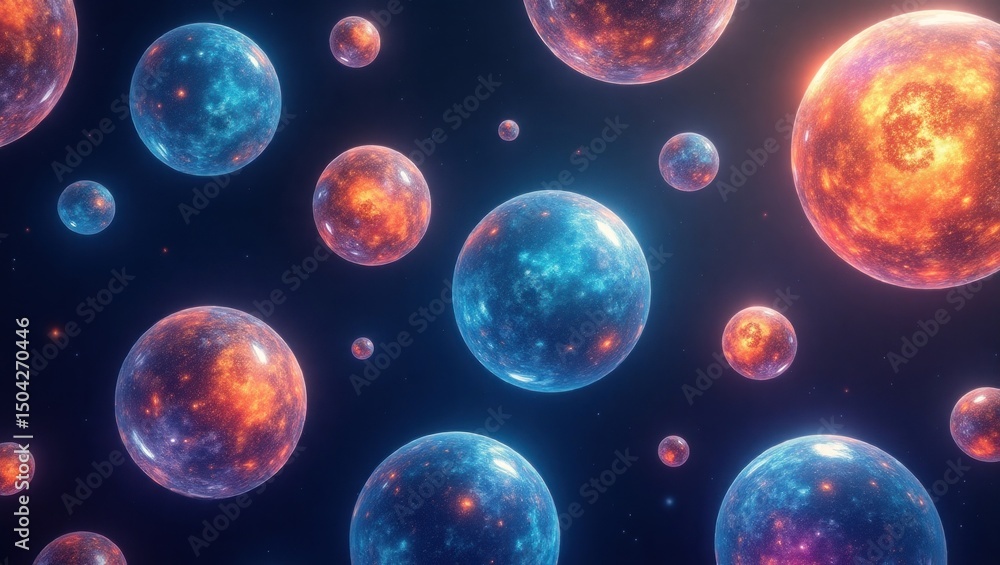 Abstract representation of numerous spheres in a dark background. Abstract representation of numerous spheres in a dark background.