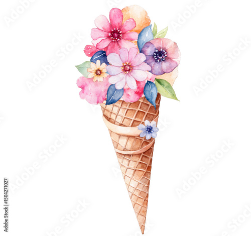 Floral ice cream cone design summer birthday watercolor on transparent background transparent background isolated png stock