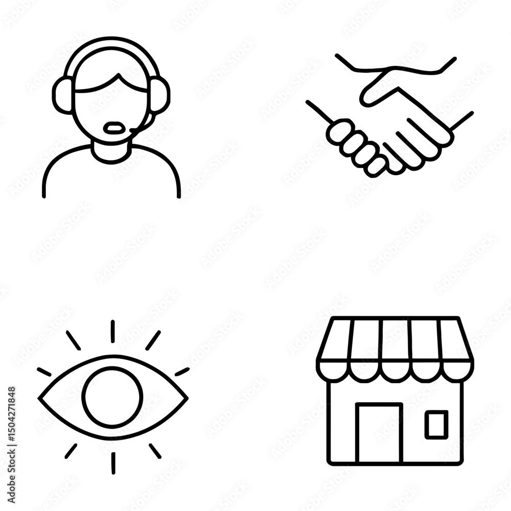 Obraz premium Customer Support and Business Icon Set – Storefront, Vision, and Partnership