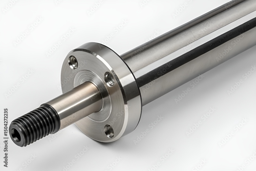 Close-Up of Stainless Steel Threaded Shaft with Flange and Screwdriver Bit on Grey Background Close-Up of Stainless Steel Threaded Shaft with Flange and Screwdriver Bit on Grey Background