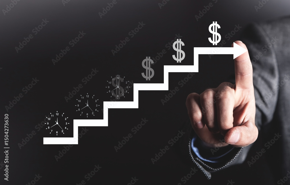 Naklejka premium Time is money concept. Clock and dollar on a stairs