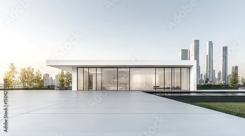 Modern minimalist architectural design, a spacious white building with large glass windows, situated on a rooftop terrace overlooking a cityscape
