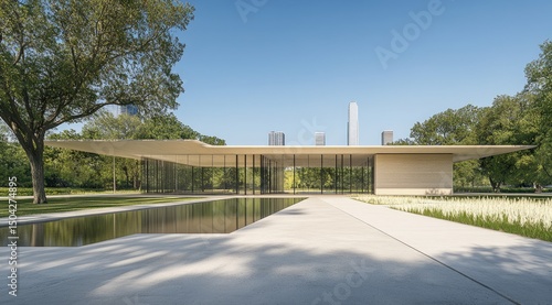 Modern pavilion in a park setting