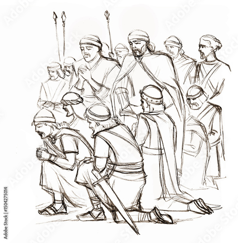 Pencil drawing. Warriors pray to God