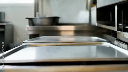 Professional kitchen equipment preparation with industrial grade trays closeup view