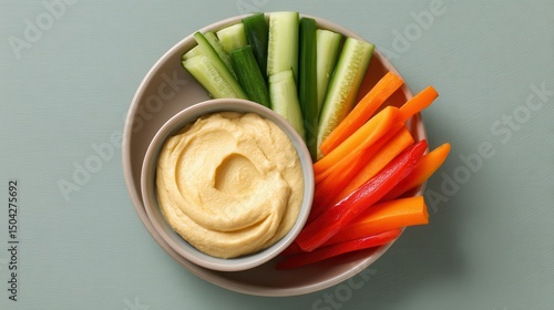 Hummus and Veggie Sticks: Fresh plate of hummus and vibrant veggie sticks, perfect for healthy snacking and delicious flavor in every bite.